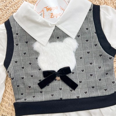 Conj. Camisa com Colete de Ursinho e Calça Legging Couro Ecológico - Branco e Preto